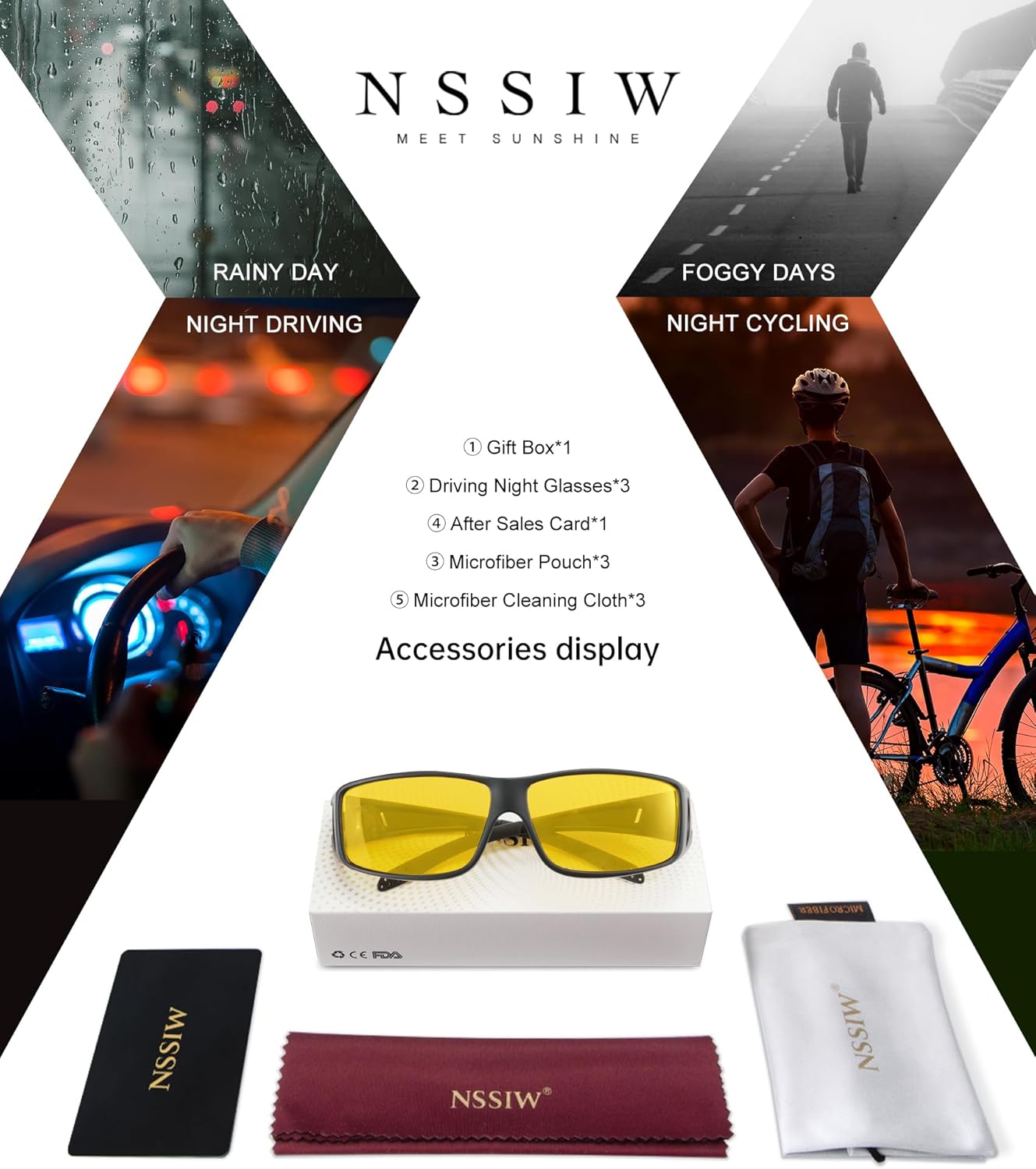 NSSIW Night-Vision-Glasses Women Mens Over-the-Glasses: Wrap-Around Anti Glare Polarized Night Vision Glasses for Driving