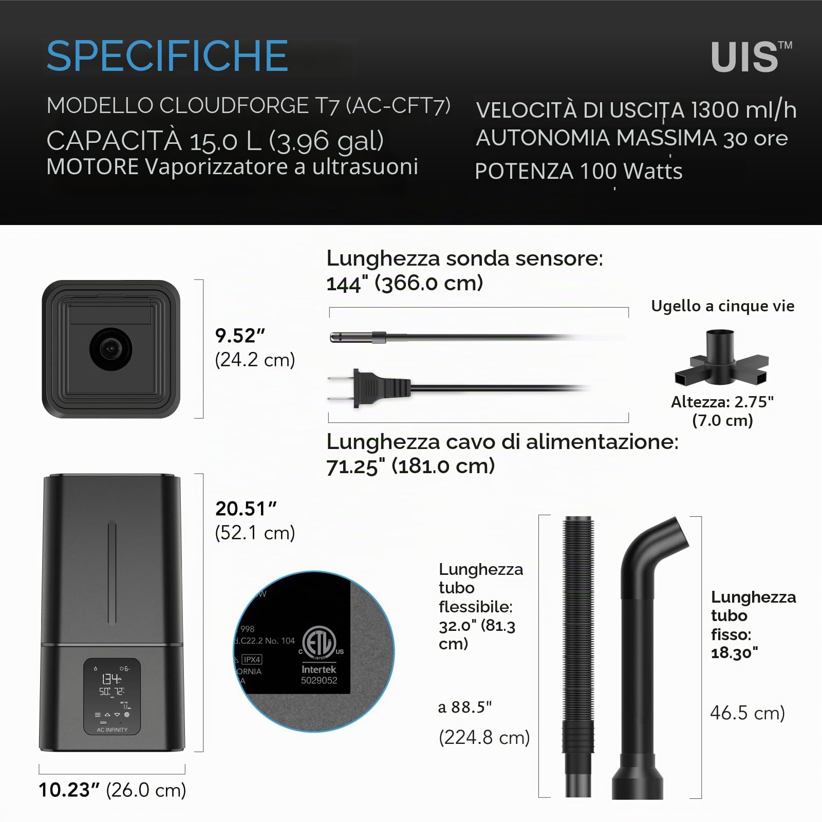 AC Infinity CLOUDFORGE T7, Umidificatore per piante da 15 litri con controller intelligente integrato, programmazione del bilanciamento dell'umidità, umidificatore per ambienti interni di grado