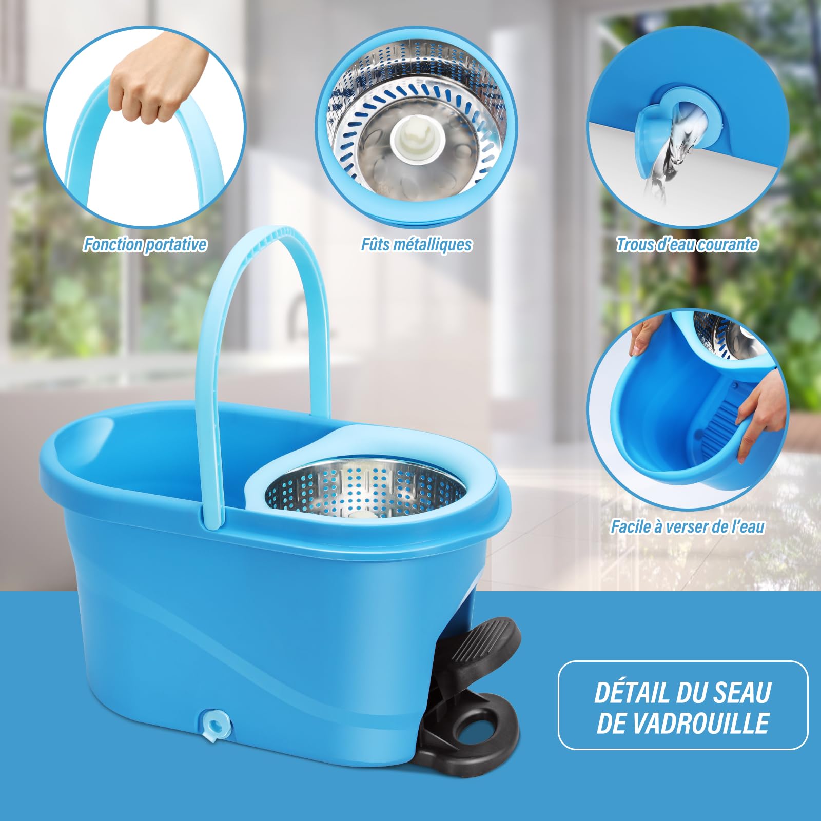 HEVOL Set de Serpillière avec Seau pour Le Nettoyage Sol, Seau Essoreur à Pédale et Balai à Franges en Microfibre, Serpillère Rotative 360° et 5 Tampons pour Le Nettoyage Sol, Carrelés, Bleu Pâle