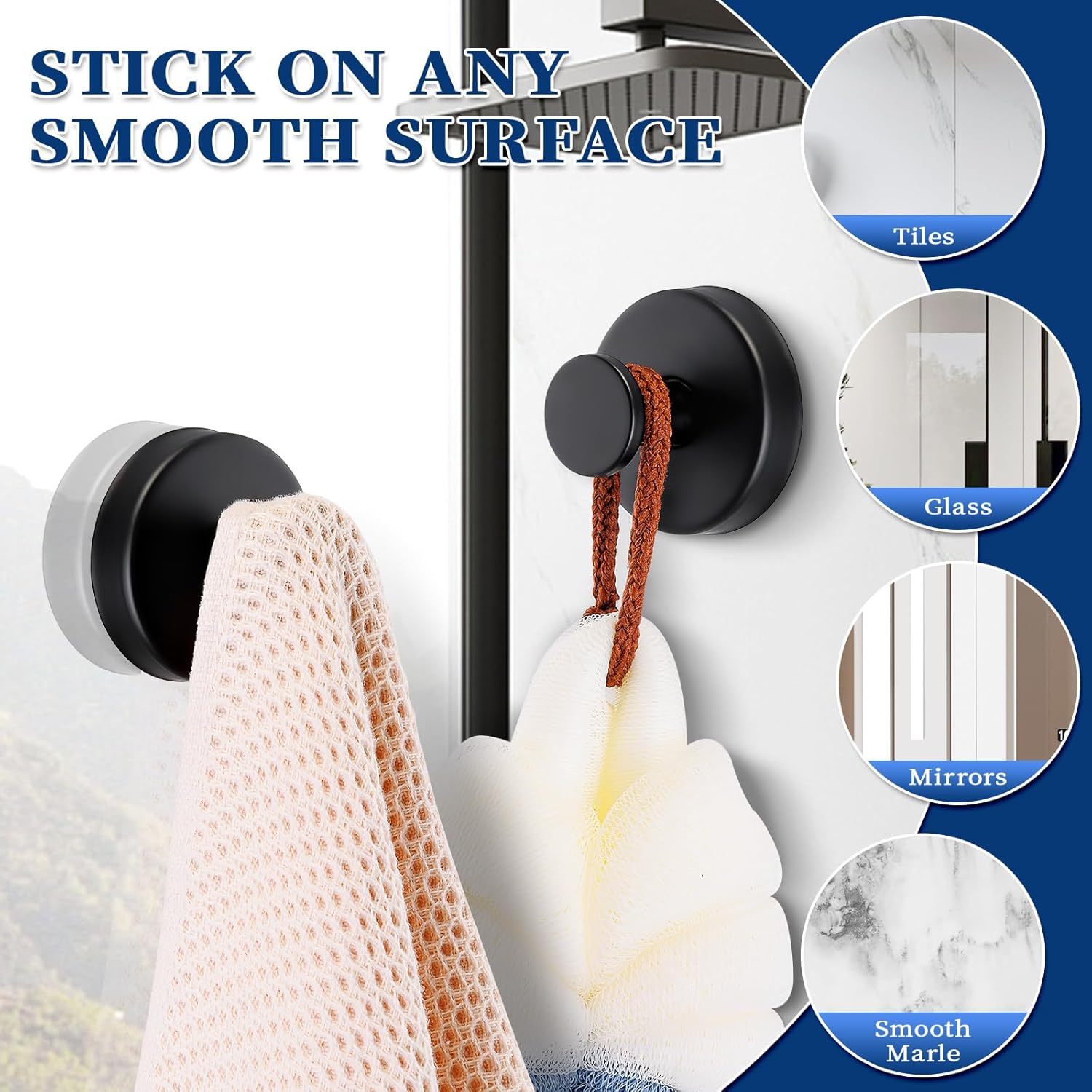 Suction Cup Hooks Reusable No Drill Stainless Steel Shower Hooks Towel Hook Robe Hook Heavy Duty on Smooth and Non-Porous Surfaces in Bathrooms Kitchen Bedroom (4, Matte Black)