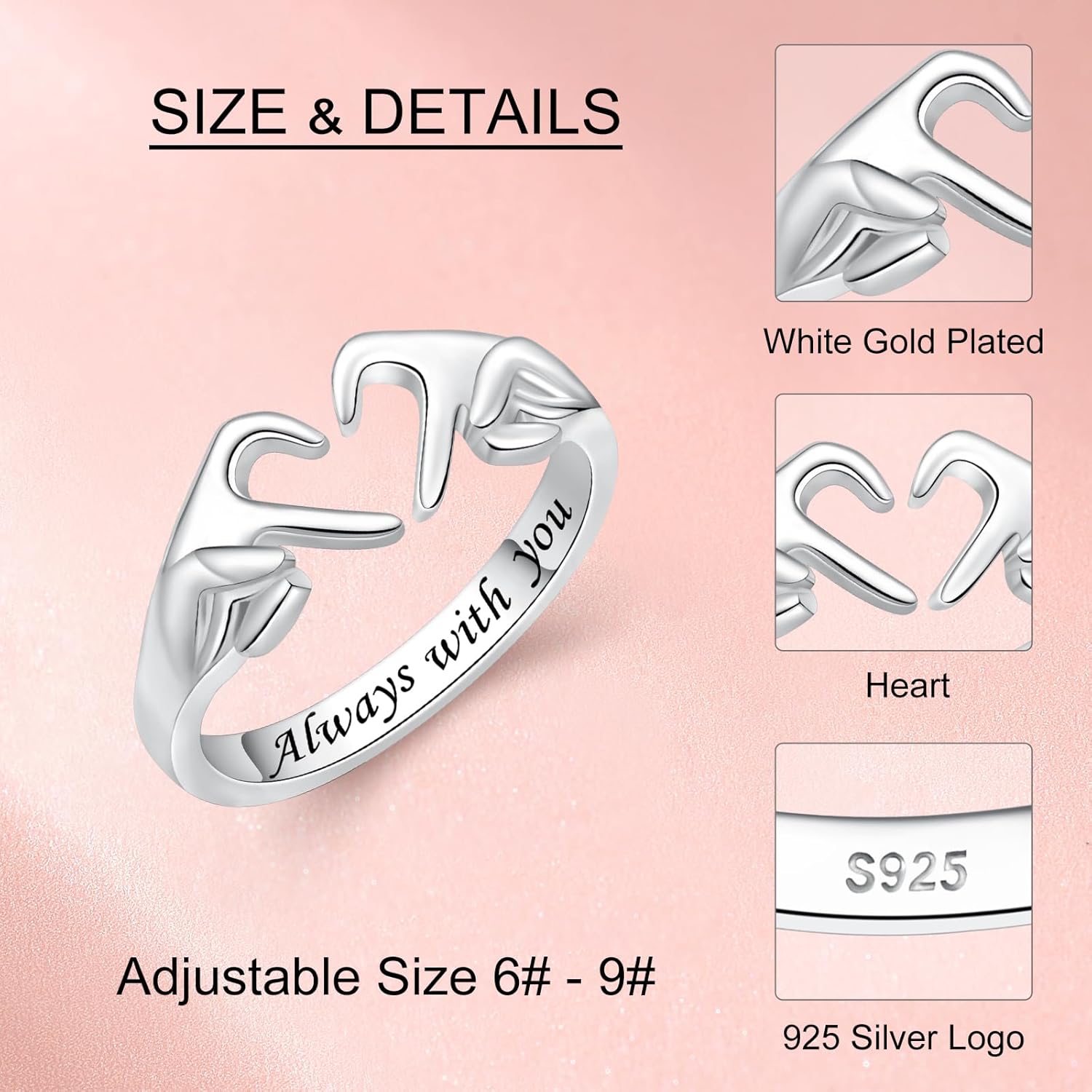 925 Sterling Silver Heart Claddagh Rings for Women Teens Girls, Adjustable White Gold Plated Ring Friendship Promise Love Heart Jewelry Rings Mothers Day Valentines Holiday Gifts for Women Friends - Image 5