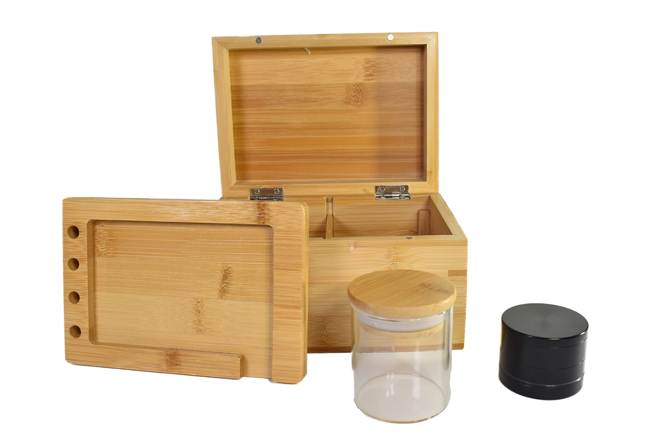 Kramerica Magnetic Stash Box Set- Storage for Herbs and Accessories | 100% Bamboo w/Natural Finish | Includes Grinder + Stash Jar, Tray | Discrete Design