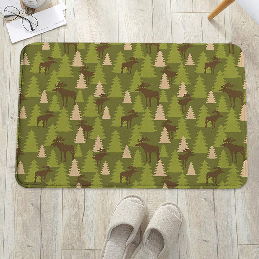 Bathroom Mats Non Slip,Deer,Animals in the Forrest Mooses and Pine Trees Pattern Canada Foliage Mammal Design,Green Tan Bro,Washable Bath Rugs Microfiber Absorbent Bath Mats for Bathroom (60 x 100 cm)