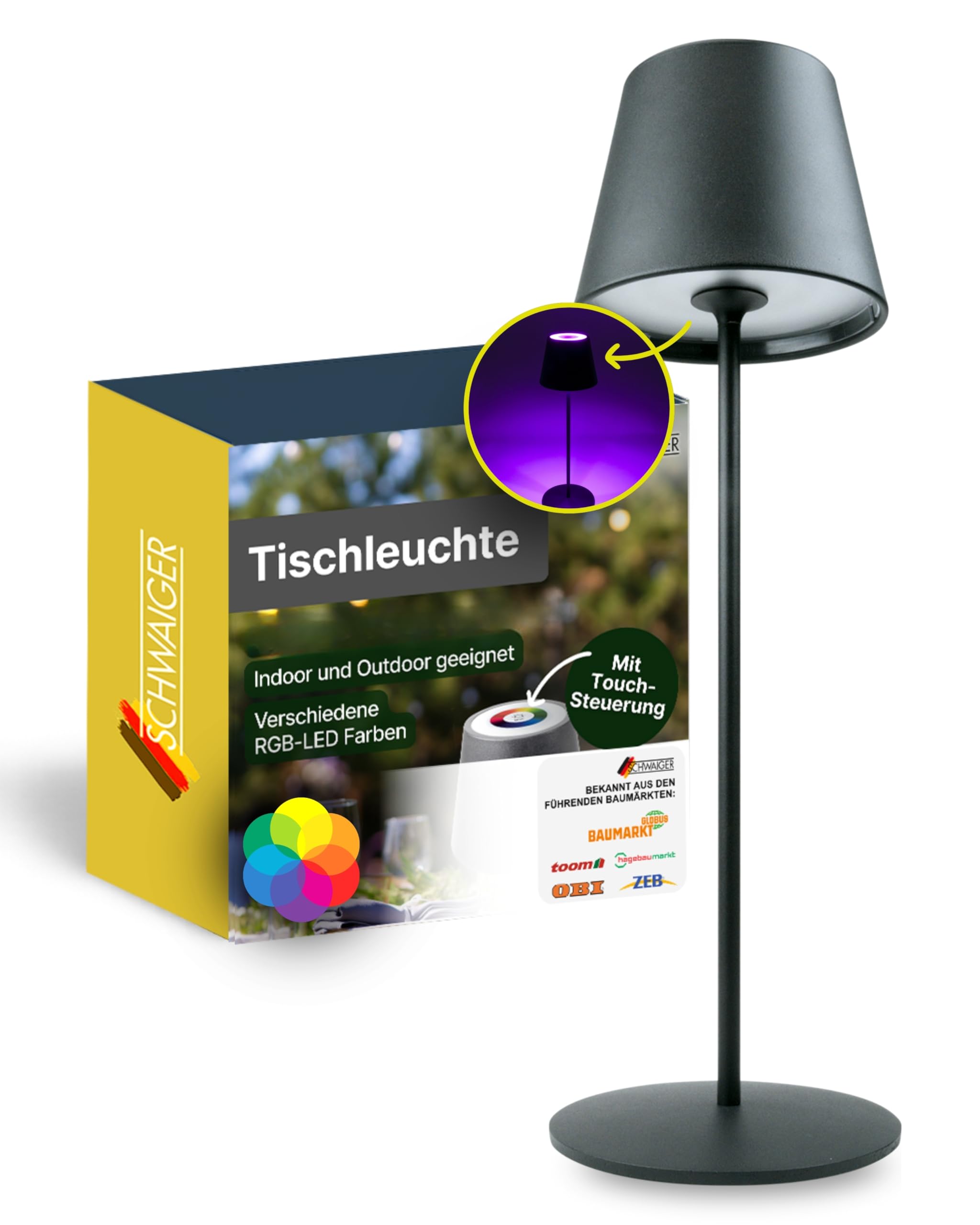 SCHWAIGER Tischleuchte I LED Tischlampe mit Touch-Steuerung I Akku-Lampe mit RGB und warmweiß I IP44 geschützt und aufladbar per USB-C I kabellose Lampe für Indoor & Outdoor
