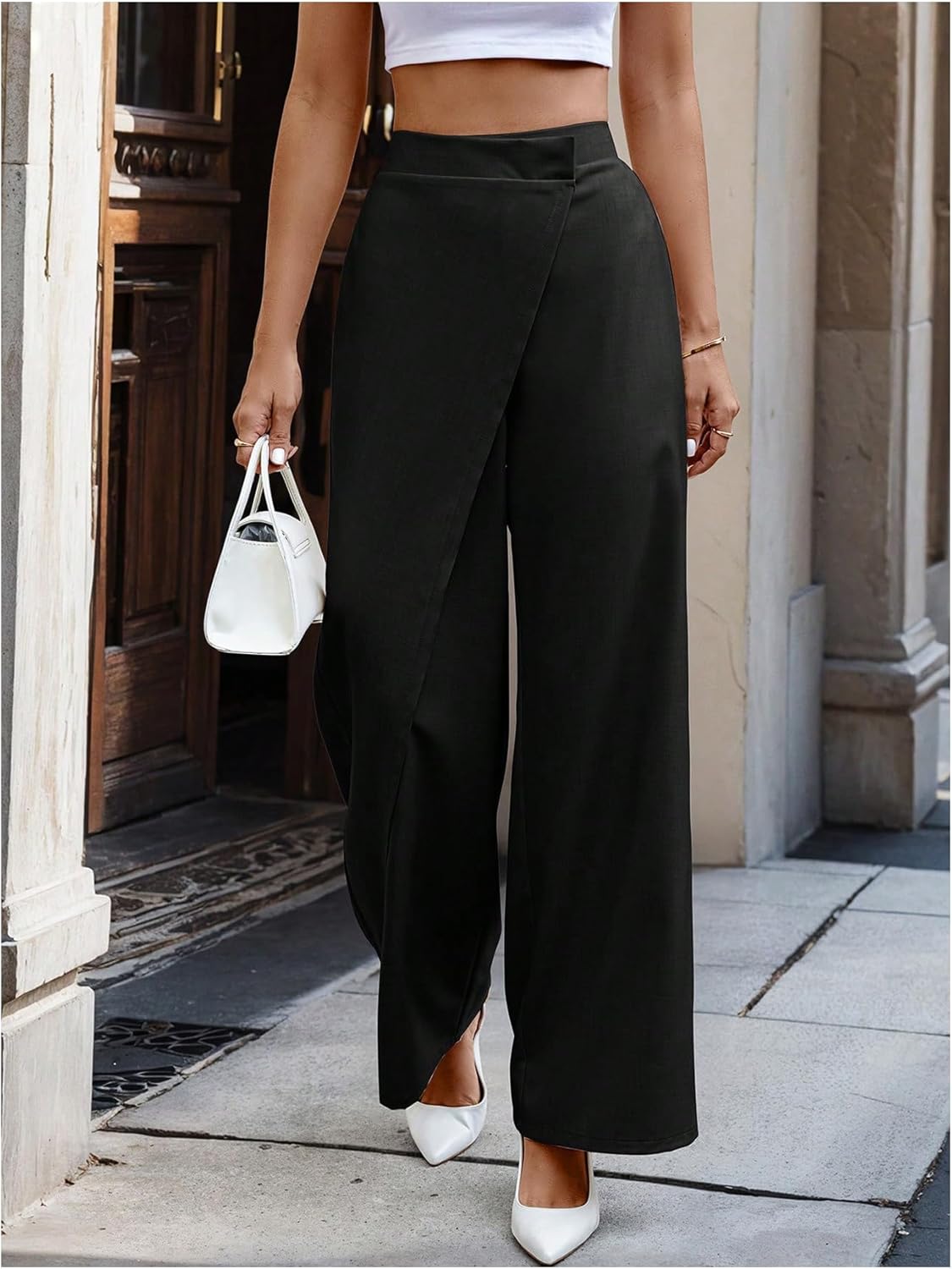 SweatyRocks Women's Elegant Wrap Front High Waisted Wide Leg Pants Suit Pants Trousers
