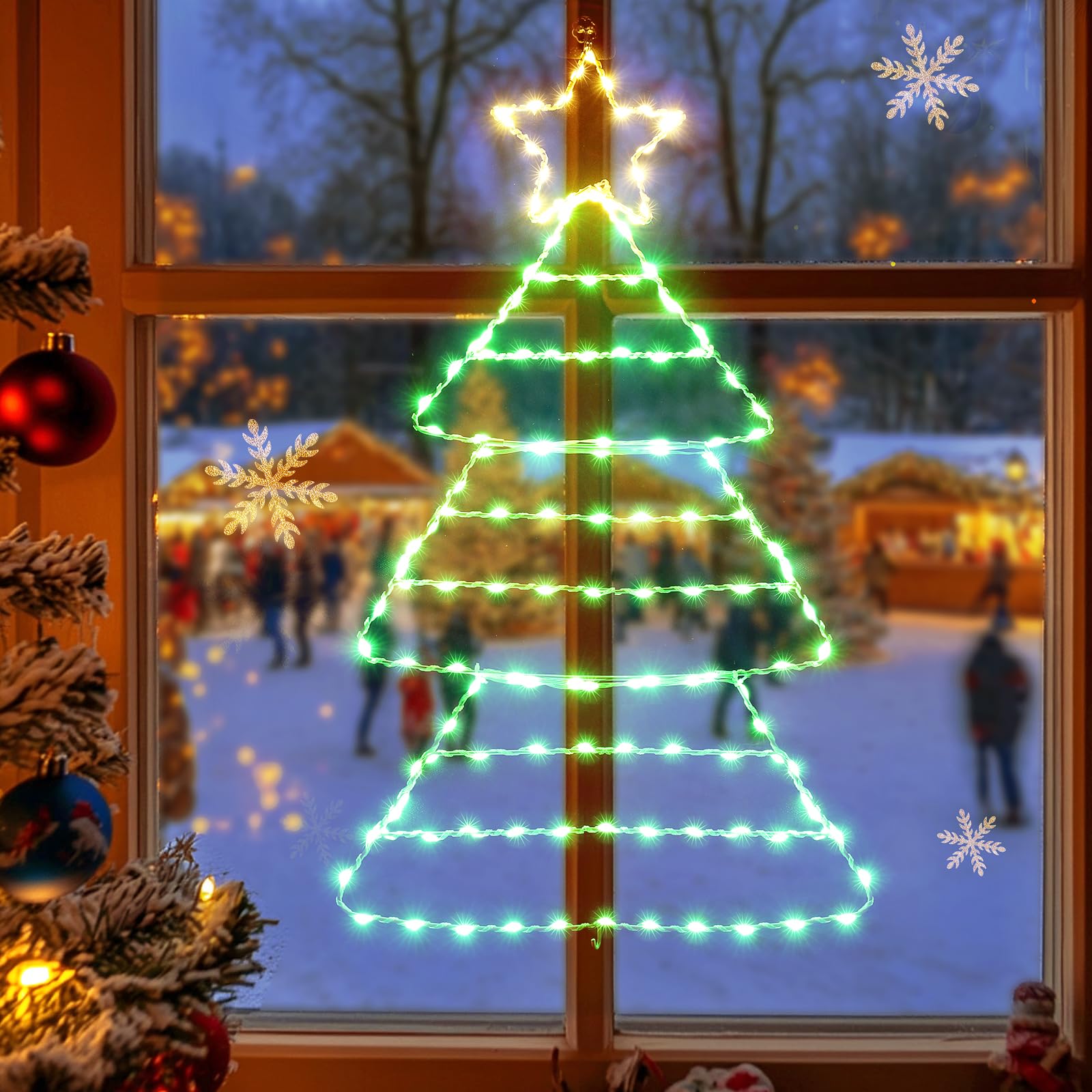Quntis Luces Navidad Ventana de Árbol de Navidad 75CM 143LED com Pilas Luces Navidad Colgantes Ventana Plegable Temporizador 8 Modos para Pared Casa Interior Exterior, Verde y Blanco Cálido