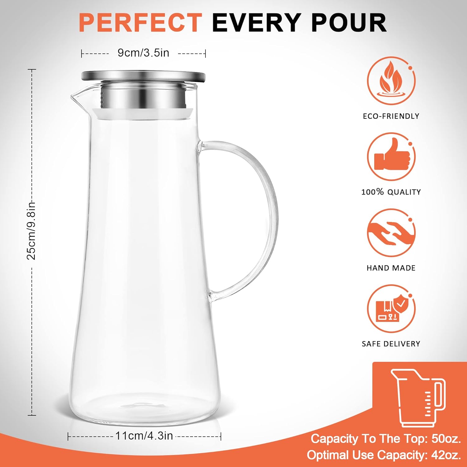 SUSTEAS 1.5 Liter 51oz Glass Pitcher with Lid, Easy Clean Heat Resistant Glass Water Carafe with Handle for Hot/Cold Beverages - Water, Cold Brew, Iced Tea & Juice, With 1 Long-Handled Brush Included - Image 4