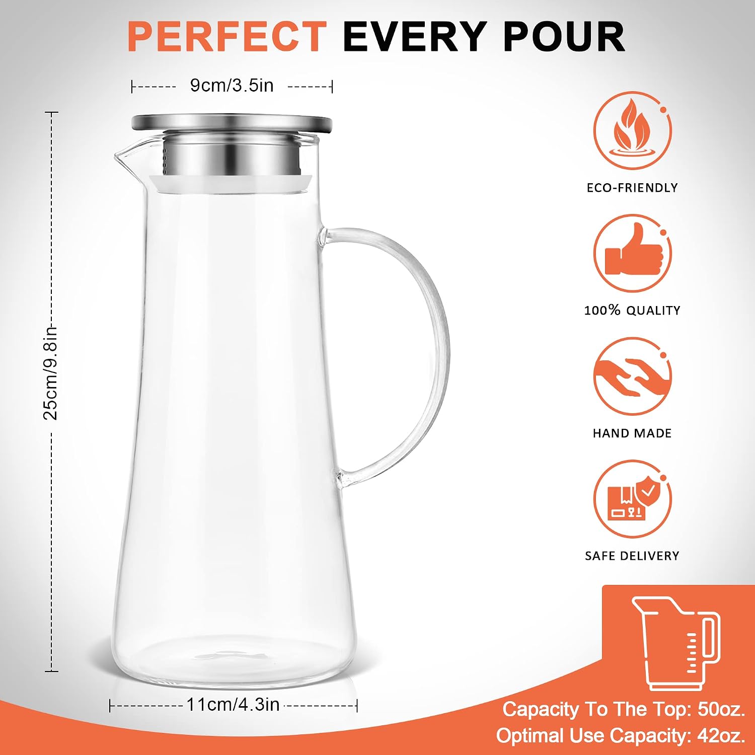 SUSTEAS 1.5L Glass Pitcher with Lid, Heat Resistant - Image 4