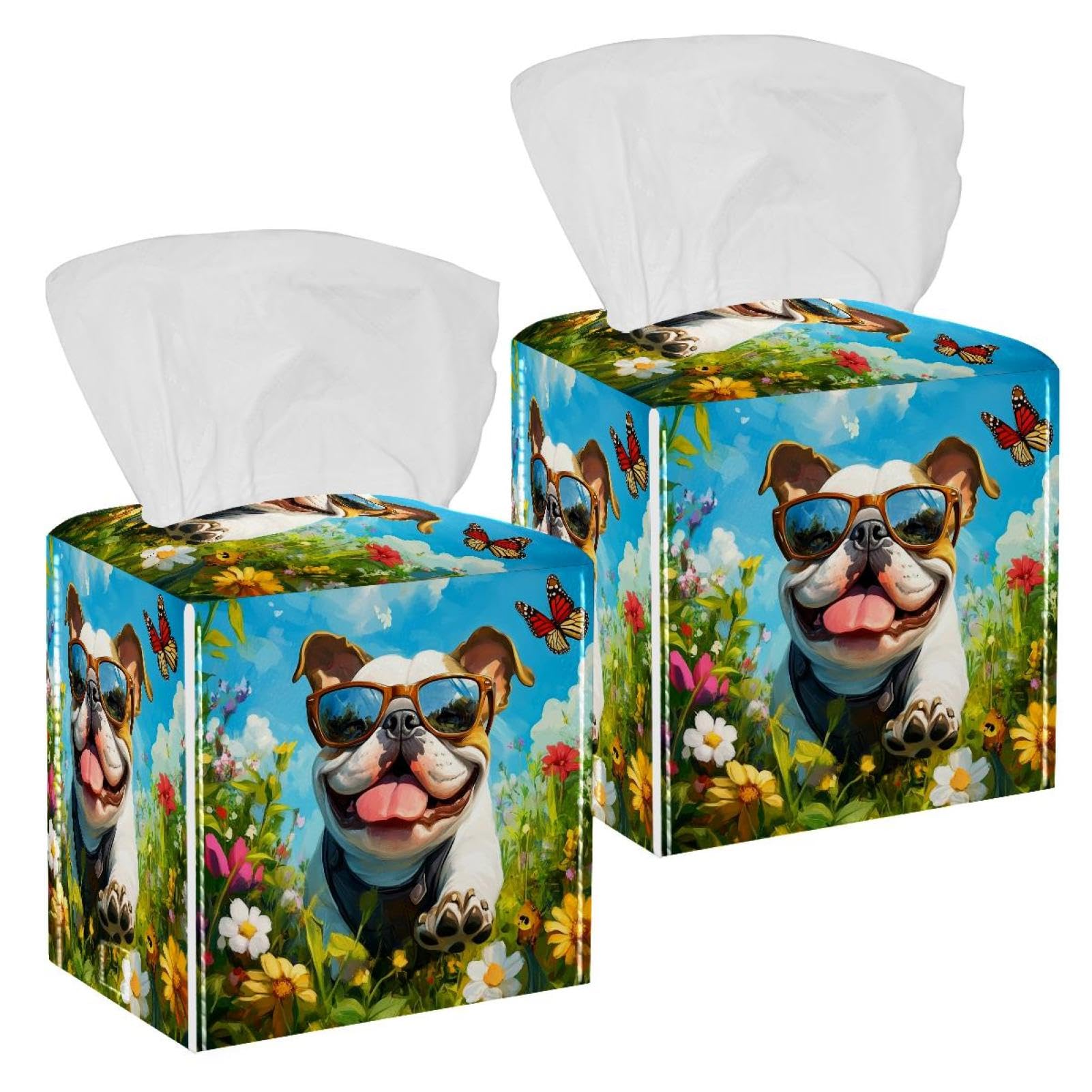 Handsome French Bulldog Tissue Box Cover, 2 Pack PU Leather Square Facial Tissue Dispenser Box holder for Home Office Car