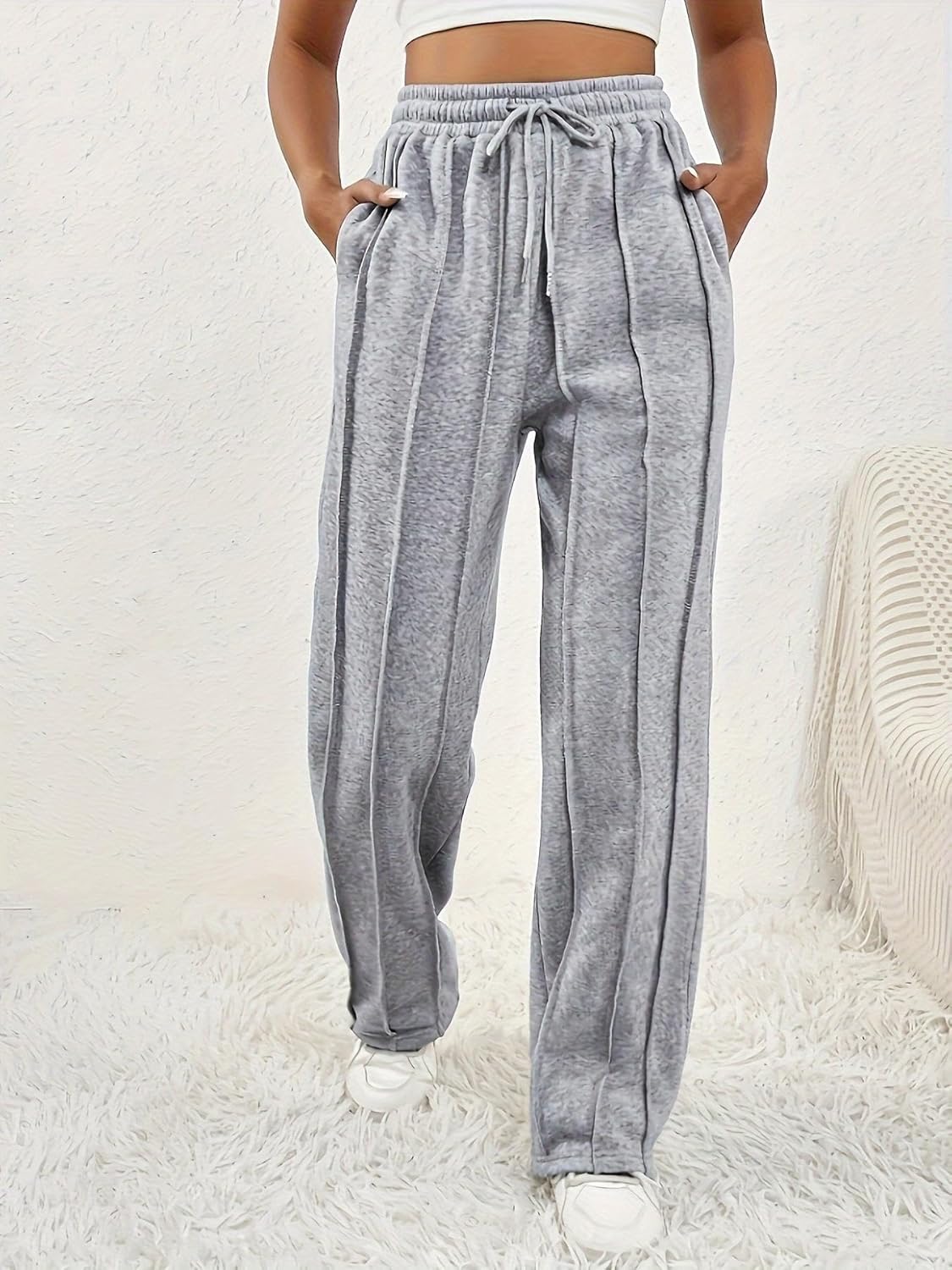 Women's Drawstring High Waisted Loose Fit Sweatpants - Straight Leg Casual Lounge Trousers with Pockets - Image 3