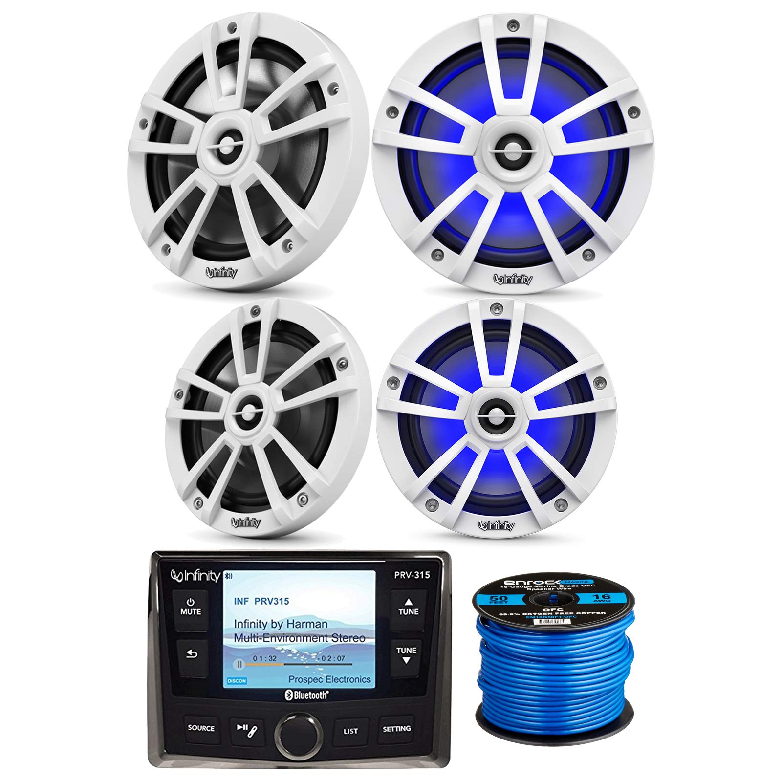 Infinity AM/FM USB Bluetooth Waterproof Marine Receiver Bundle with 2X 8 Coaxial 450W Waterproof White Marine Powersports LED Speakers, 2X 6.5 225W Boat LED Speakers, Wire - OEM Replacement