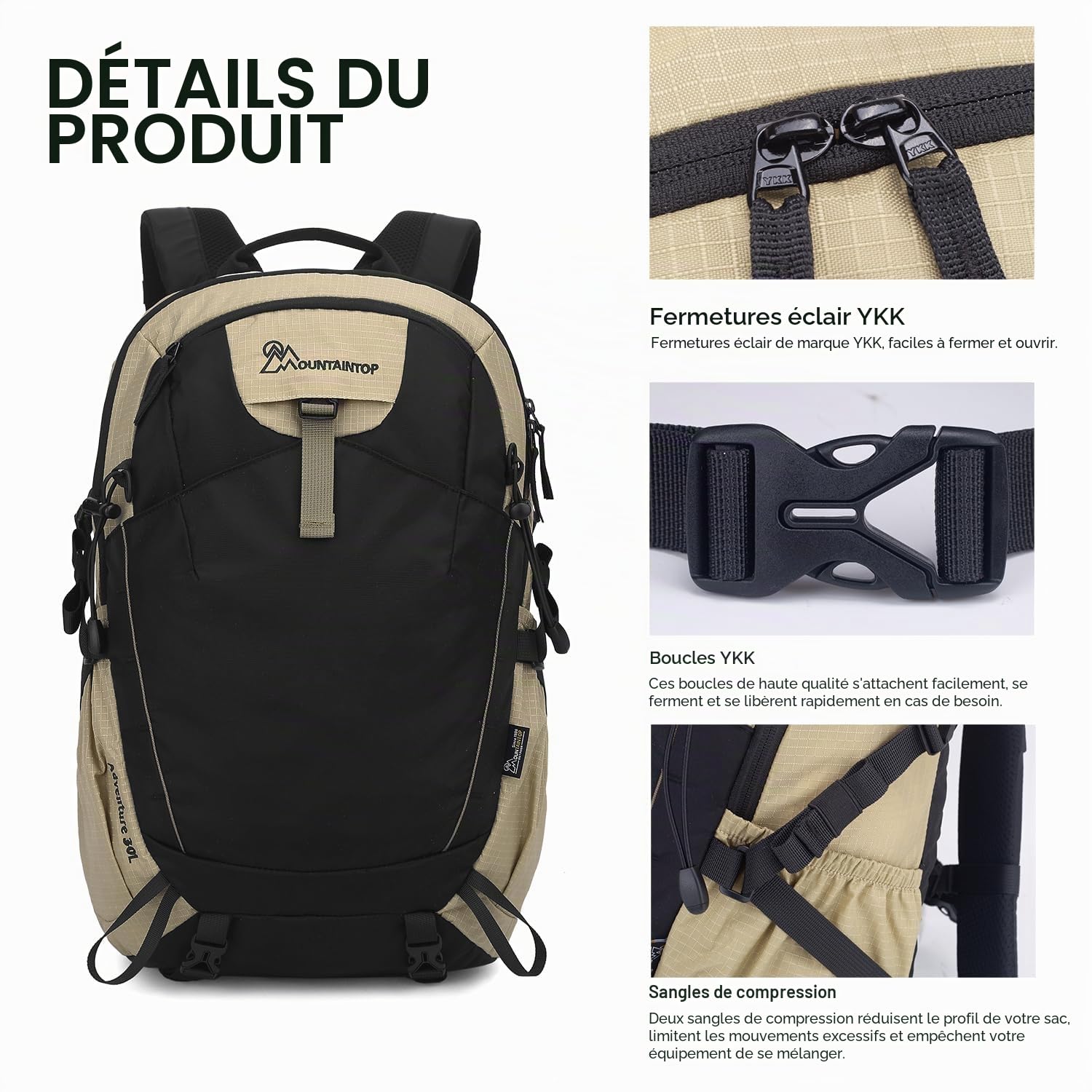 MOUNTAINTOP Sac à dos de randonnée 30 L/40 l pour homme et femme, pour le quotidien et l'extérieur, les randonnées quotidiennes et les randonnées à vélo