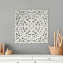 PARISLOFT White Washed Wooden Carved Wall Decor, 36 Inch Square Handcrafted Floral Pattern Vintage Wall Art for Living Room Bedroom Home Decoration