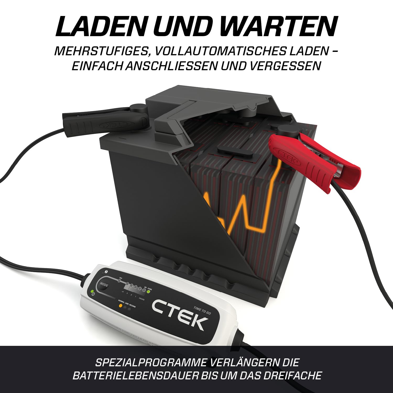 CTEK CT5 Time to Go, Batterieladegerät 12V, Batteriepfleger Mit Countdown-Funktion, Startanzeige, Eingebaute Temperaturkompensation, Entsulfatierungsprogramm, Rekonditionierungsmodus Und AGM-Option