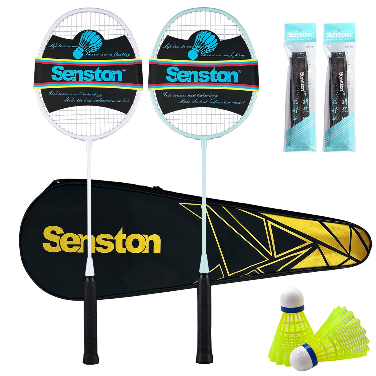 Senston Badminton Rackets Set of 2 with Full Kit | Carbon Composite Lightweight Rackets (2U 90g), 2 Nylon Shuttlecocks, 2 Non-Slip Grips & Carry Bag | Beginner Tennis Badminton Combo for Family, White