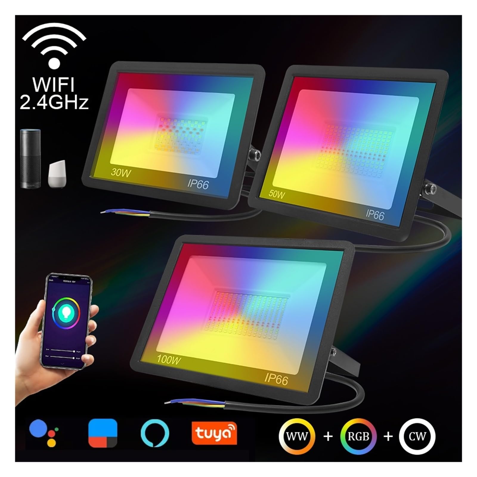 Faretti da esterno Tuya Smart RGB Proiettore 100W 50W 30W Impermeabile LED Riflettore Luce di Inondazione for Lampione RGB Dimmerabile per garage e stadio(30W)