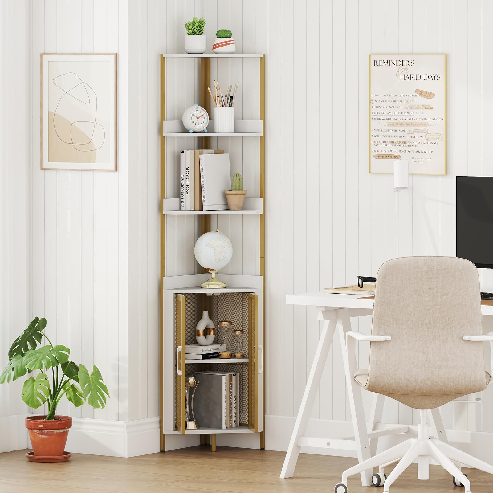 COSTWAY Estanteria Esquinera de 6 Niveles, Estanteria Esquina con Gabinete y Puertas, Estante Ajustable, Libreria Rinconera para Plantas, Salon Dormitorio Oficina Cocina, 32 x 32 x 170 cm (Blanco)