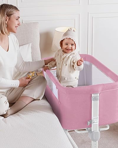 Miniatura 4 de Larex Cuna de bebé, cuna 3 en 1 para recién nacido, cuna portátil ajustable de 7 alturas con colchón y ruedas, color rosa