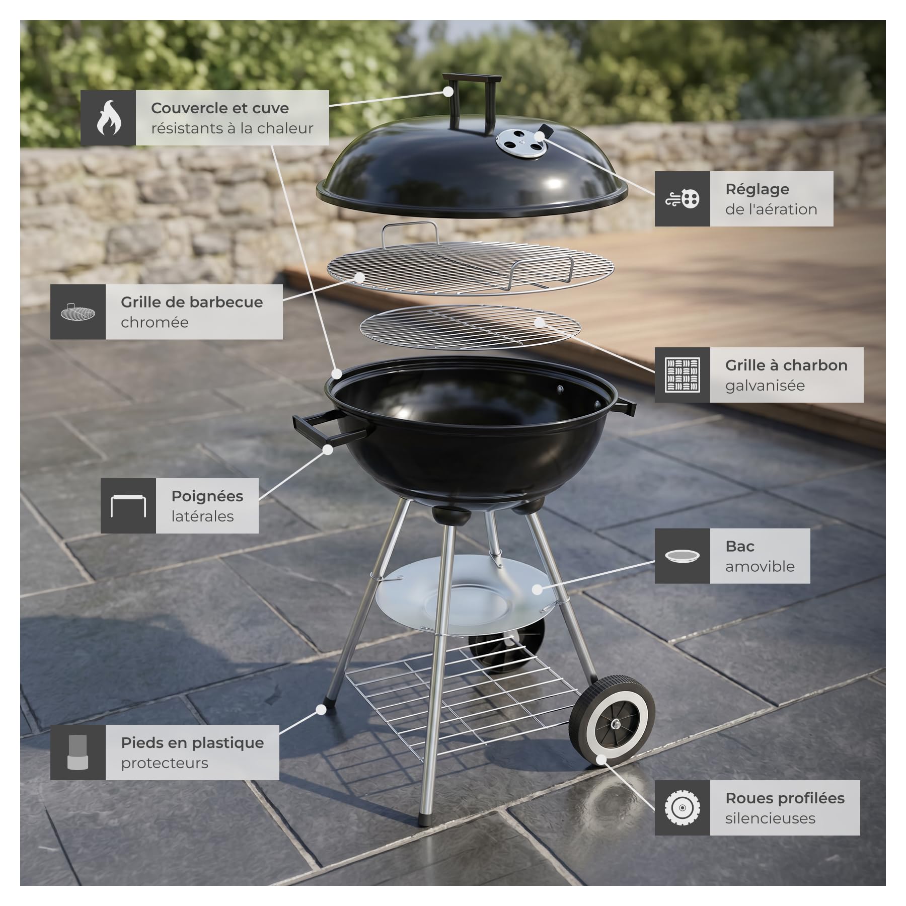 tectake® Barbecue rond Ø 41,5 cm, Grande grille de cuisson, Grille à charbon, Réglage de l'arrivée d'air, Bac de récupération amovible, Poignées latérales, 2 roues, Barbecue à charbon portable