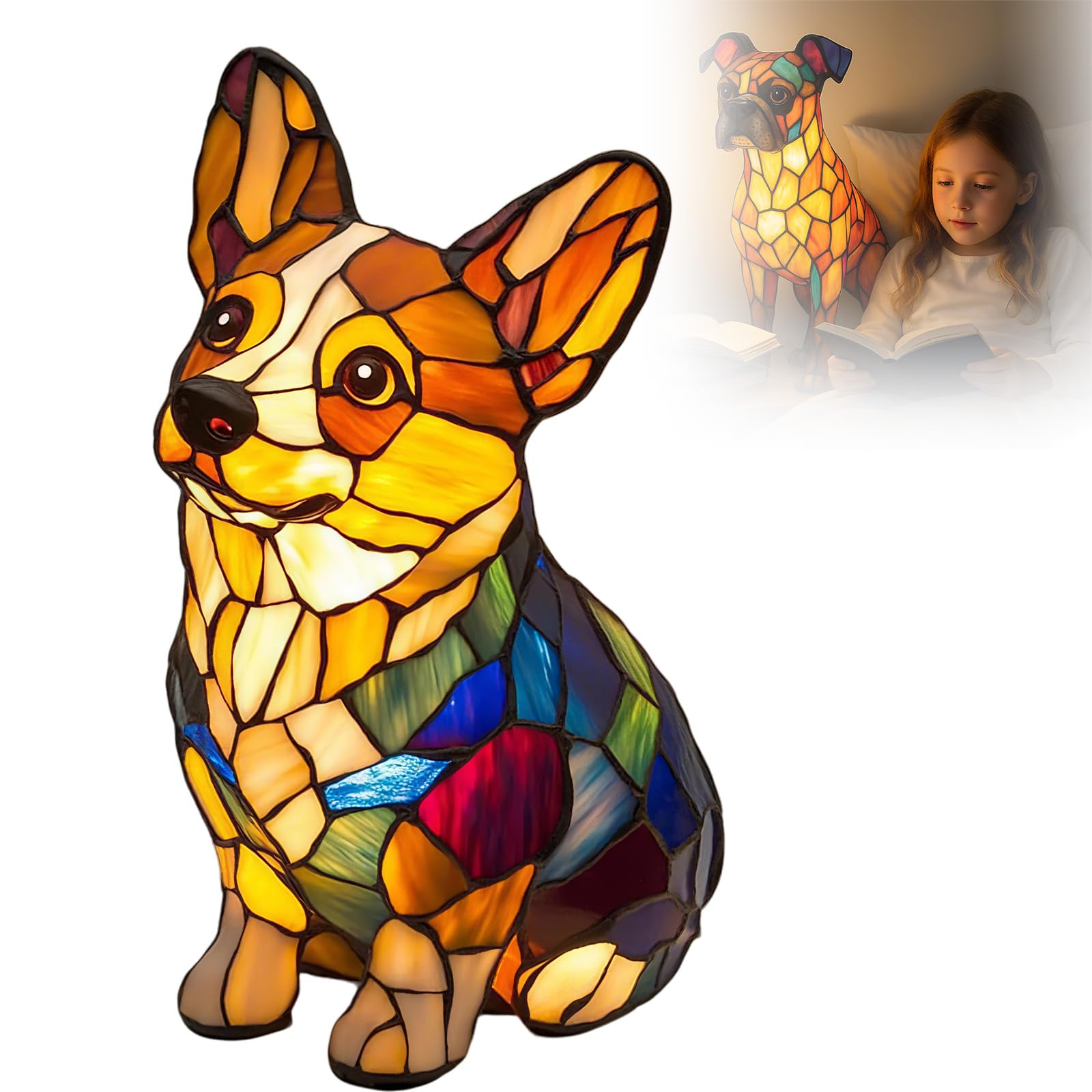 Pug Lamp Stained, Dog Series Art Night Light, Stained Resin Animal Table Lamp for Bedroom Living Room Desk & Bedside Home Decor (Corgi Lamp B)