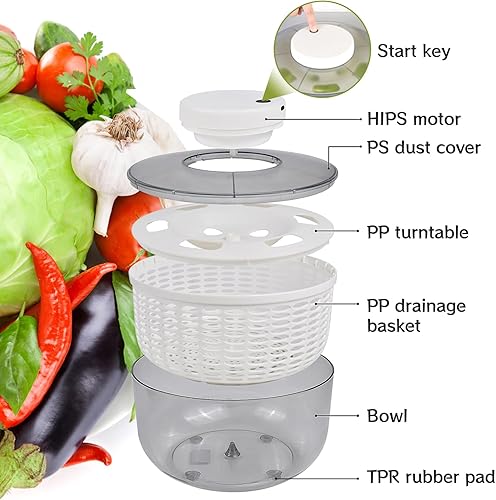 Miniatura 2 de Molinillo eléctrico de ensalada, 6 L, secadora de verduras de ensalada de gran capacidad, lavadora de ensalada de frutas, secadora para el hogar,