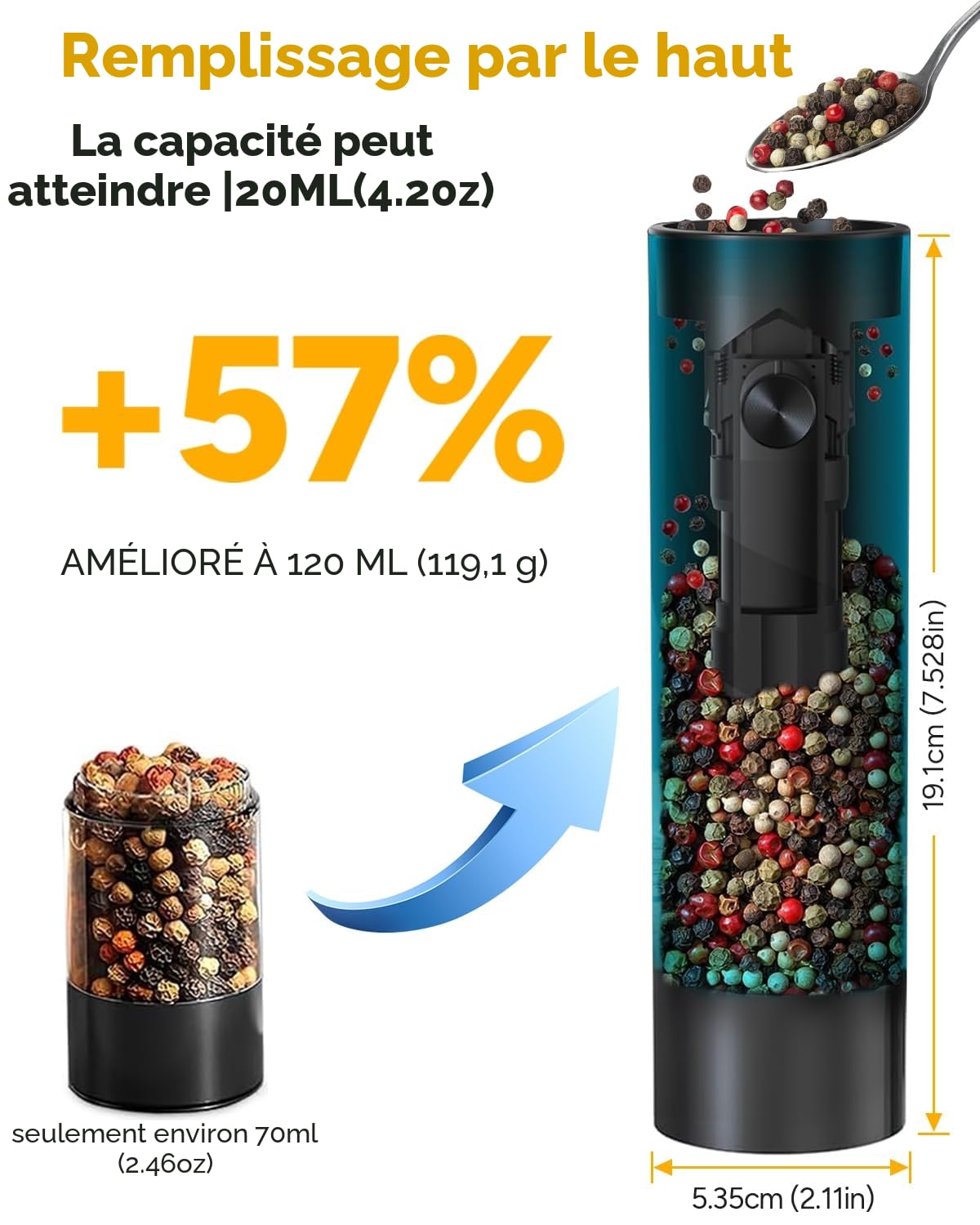 Moulin à sel et à poivre électrique 120 ml lot de 2 avec éclairage LED - Noir