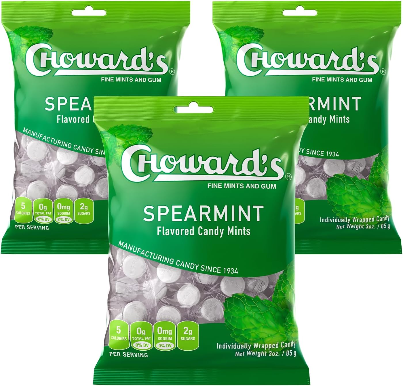 Choward's Spearmint Candy Bags, Unique Aromatic Flavors for Everyday Freshness, Perfect for Travel, Sharing & Gifting, Distinctive Taste in Convenient Packaging, 49 Individually Wrapped Mints, 3-Pack