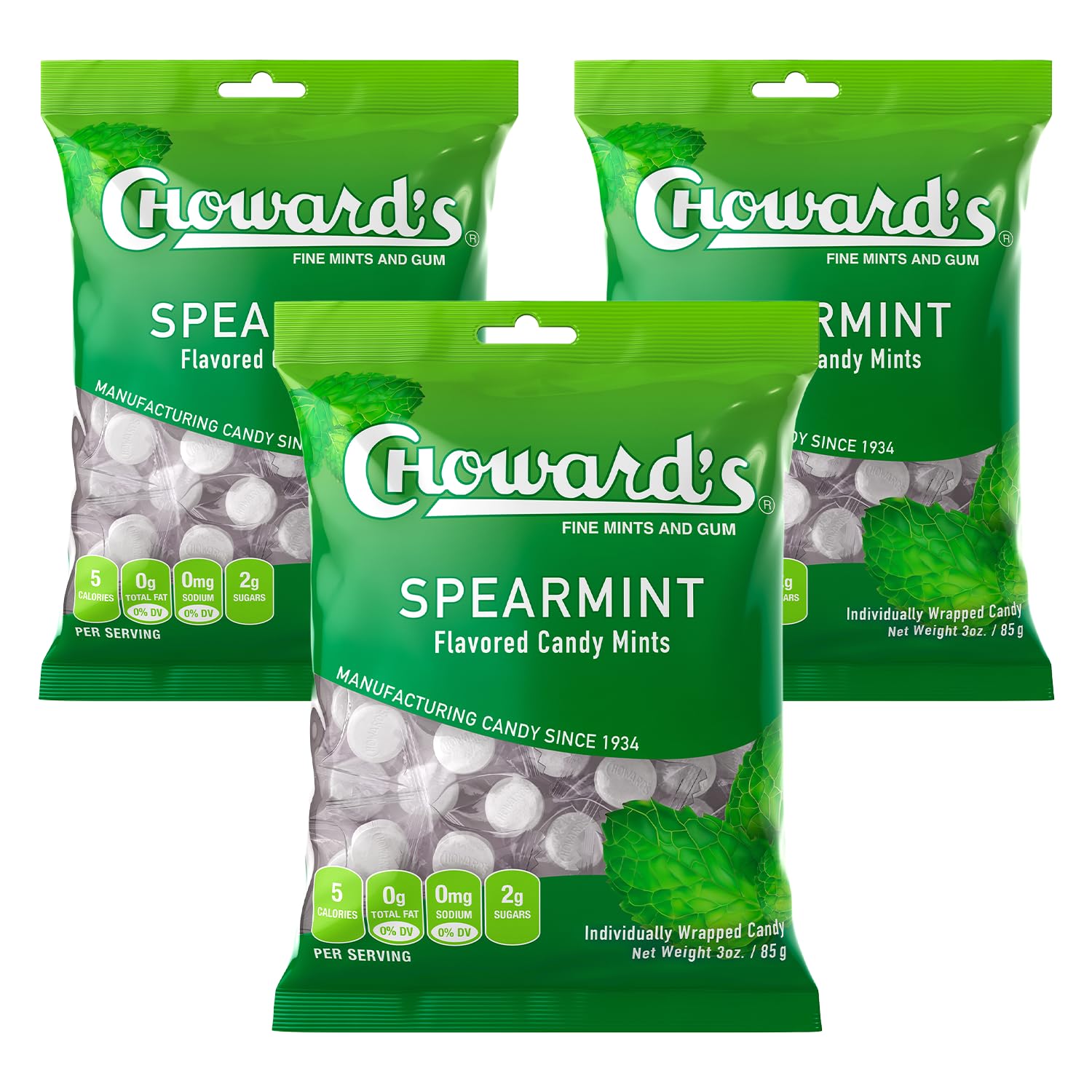 Choward's Spearmint Candy Bags | Unique Aromatic Flavors for Everyday Freshness | Perfect for Travel, Sharing, and Gifting | Distinctive Taste in Convenient Packaging | 3 Pack (49 Individually Wrapped Candy Mints)