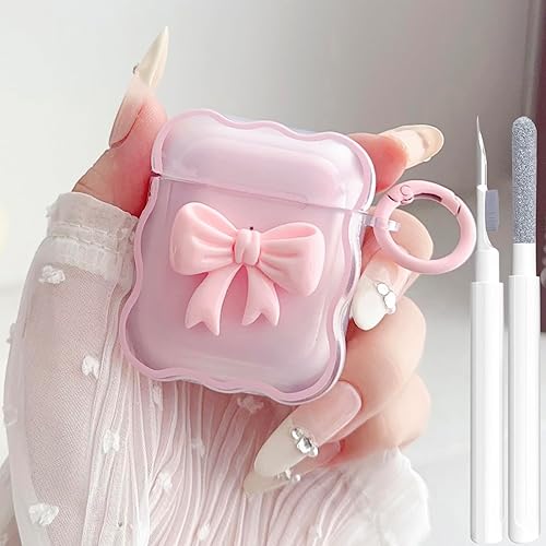 Cute AirPods 2/1 Generation Clear Case, Girly 3D Bow Design Soft TPU Protective Shockproof Kawaii Apple iPod 2nd/1st Generation Cover with Cleaner Kit & Keychain Girls Women - Pink Bow - Bow Pink+Cleaner Kit
