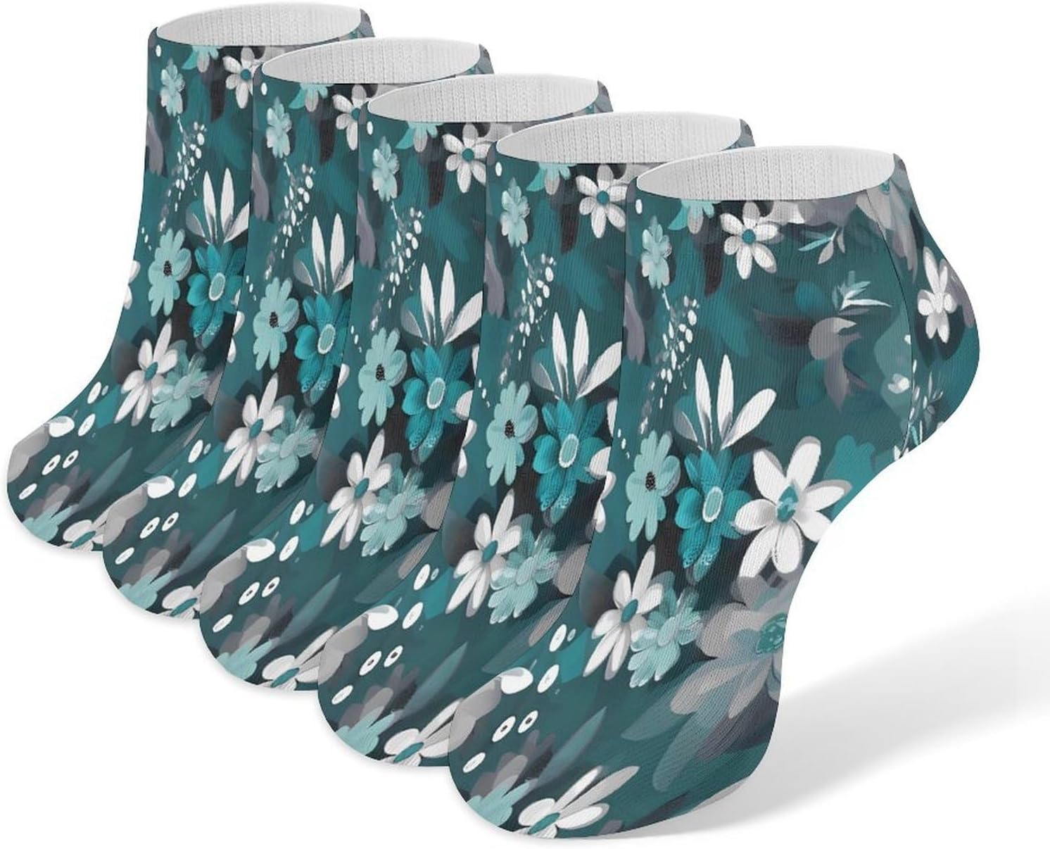 Teal Grey And White Floral Ankle Socks for Men Women 5 Pairs | Comfortable Casual Low Cut Socks, Lightweight No Show Breathable Athletic Socks, Soft Mini Crew Socks for All Seasons