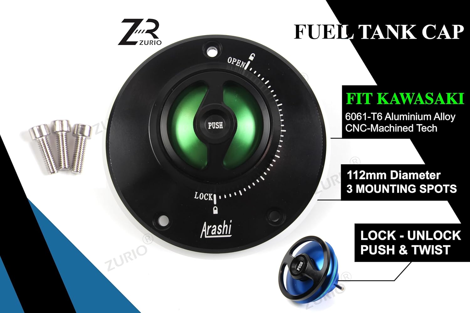 Green CNC Keyless Gas Cap Compatible with Kawasaki Ninja 400R ZX6R ZX6RR 650R 1000 ZX9R ZX10R ZX12R ZX14R, ER4N ER400 ER6F ER6N Vuclan 650 S Z650 Z750 Z800 Z900 Z1000 ZZR 600 1200, Versy-s 650 1000
