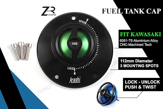 Green CNC Keyless Gas Cap Compatible with Kawasaki Ninja 400R ZX6R ZX6RR 650R 1000 ZX9R ZX10R ZX12R ZX14R, ER4N ER400 ER6F ER6N Vuclan 650 S Z650 Z750 Z800 Z900 Z1000 ZZR 600 1200, Versy-s 650 1000