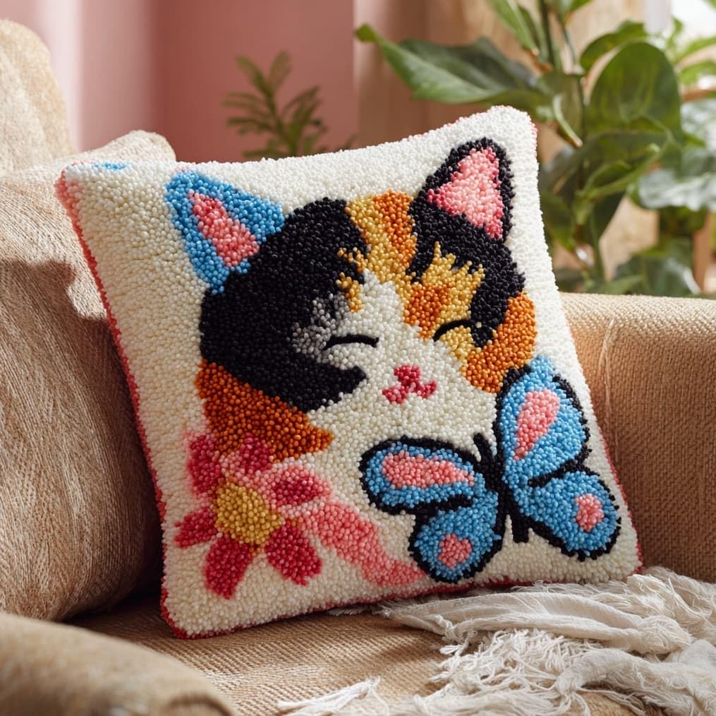 AxiangziK Latch Hook Pillow Kit 17x17in,Cats and Butterflies