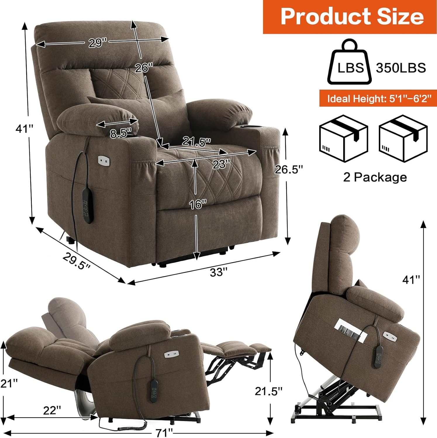 BEDHOURS Tri-Motor Power Lift Recliner Chair for Elderly, Zero Gravity Infinite Position Lay Flat Lift Chair w/Adjustable Headrest & Lumbar, Vibration Massage & Heat, Cup Holders, Brown