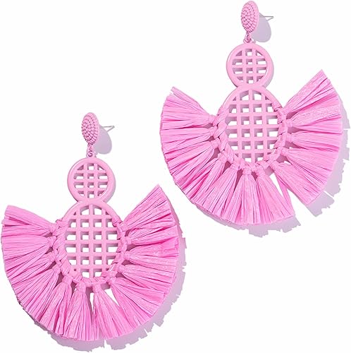 Pendientes de borla de rafia bohemios, aretes colgantes lindos y divertidos, hechos a mano, de moda, para verano, playa, boda, joyería para mujer