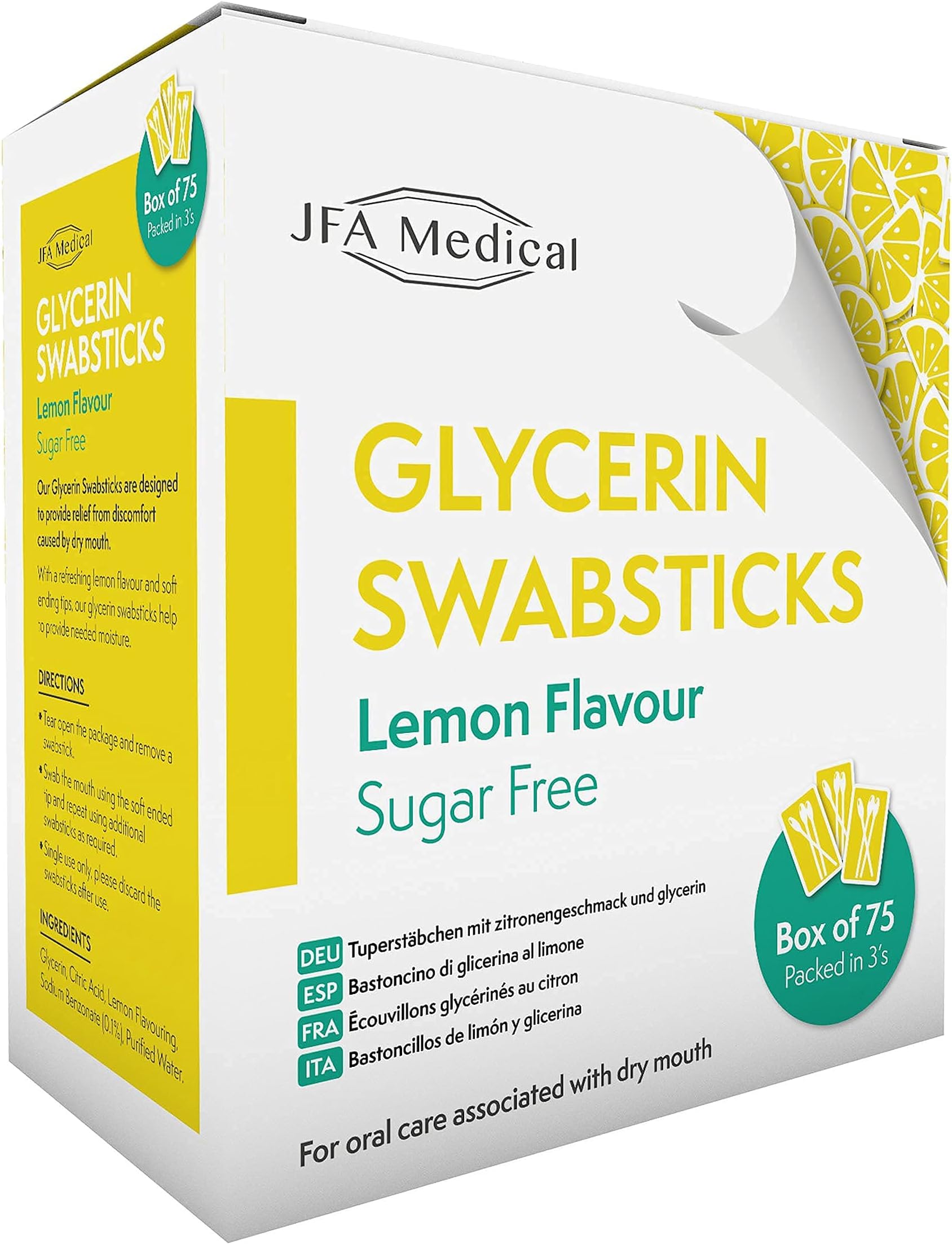 JFA Medical Glycerin Swabsticks Lemon Flavour Sugar Free Swab Sticks for Dry Mouth - Box of 75