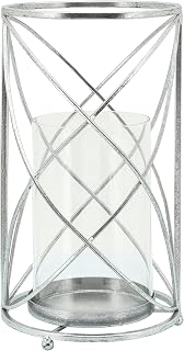 Hurricane Pillar Candle Holder with Glass Insert – Metal Frame Decorative Candle Holders & Lanterns – Office & Home Decor Accents for Living Room & Bedroom – 13", Metallic Silver