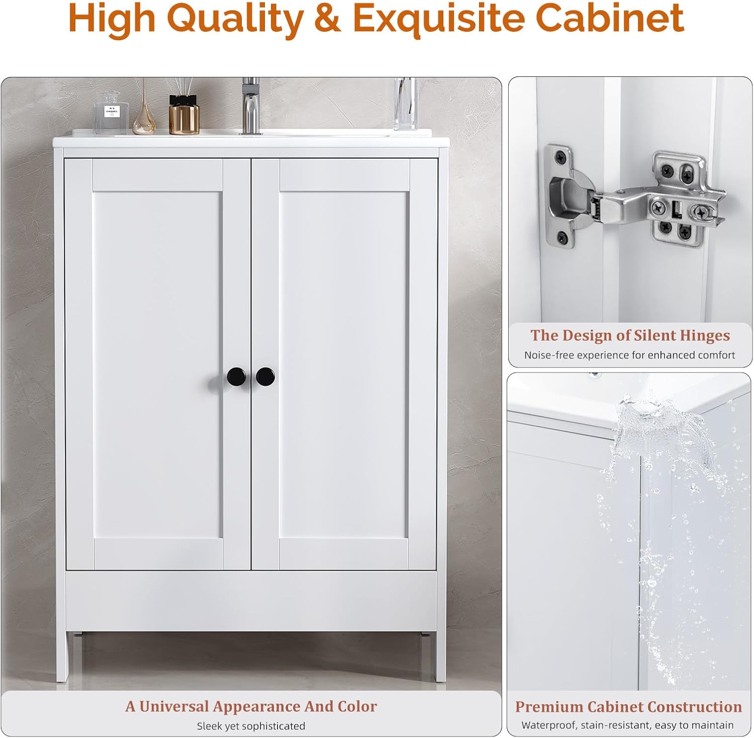 VINGLI 24 Inch White Bathroom Vanity with Sink, Modern Freestanding Sink Vanity with Soft-Close Doors and Storage Shelves, White Bathroom Cabinet with Single Hole Ceramic Basin for Small Bathrooms