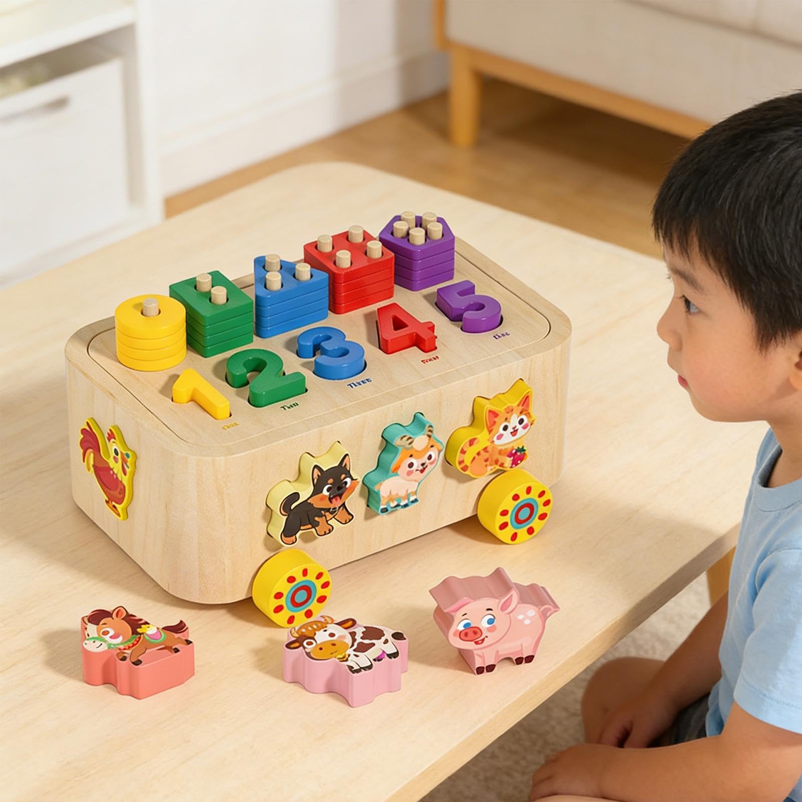 Blocchi Da Costruzione, Animali, Auto, Sviluppo Sensoriale, Giocattolo Impilabile in Legno per Bambini