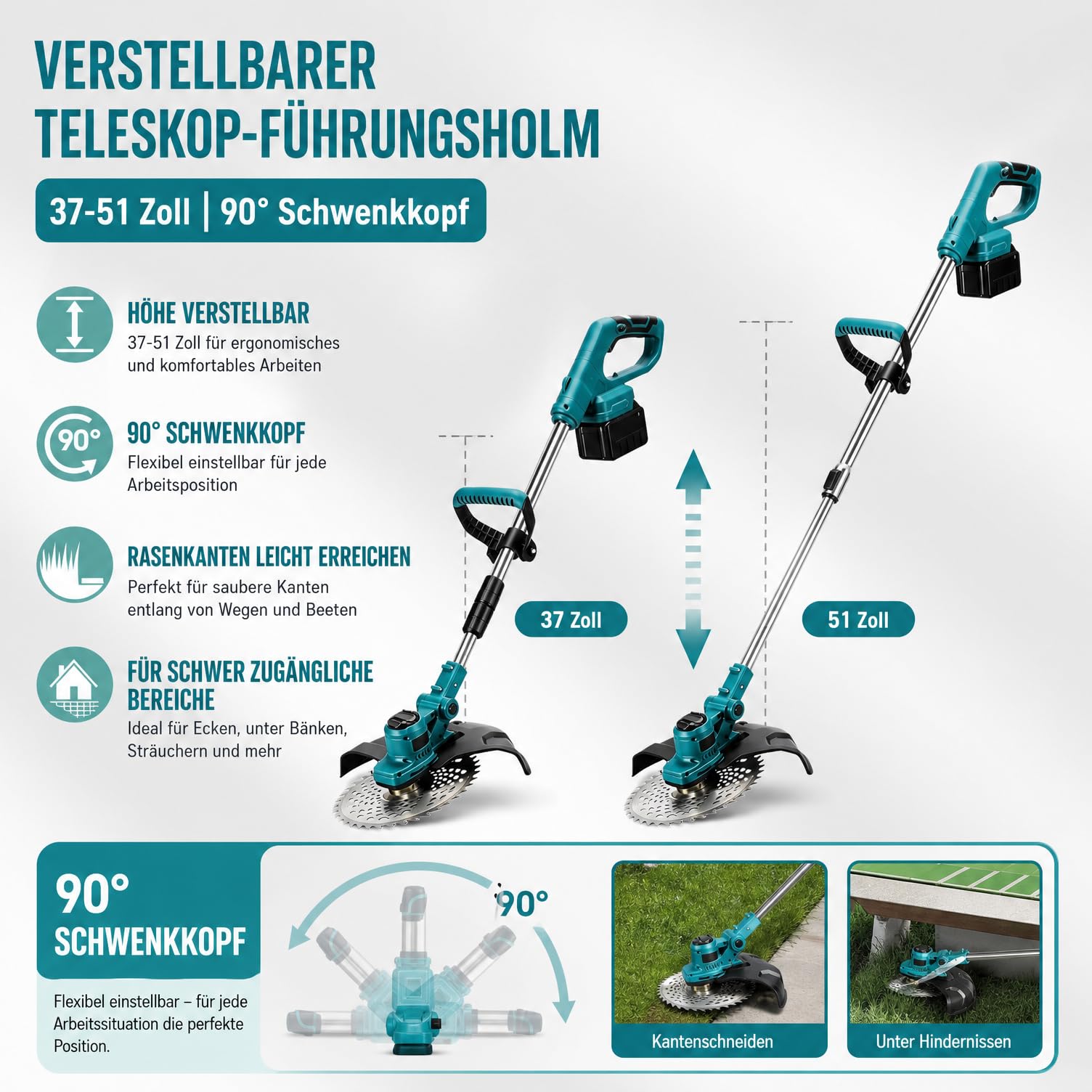Akku Rasentrimmer & Freischneider, 21V Rasenkantenschneider mit 2 Akkus, Schnittbreite 23 cm, Verstellbarer Teleskop-Führungsholm – für Garten, Rasen, Gehwegkanten (Blau)