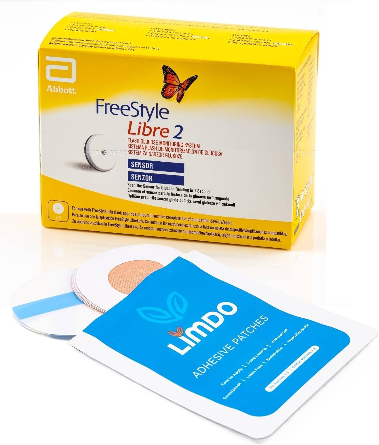 FreeStyle Libre 2 Flash Glucose Monitoring System Sensor with Limdo Patches, Continuous Glucose Level Monitoring