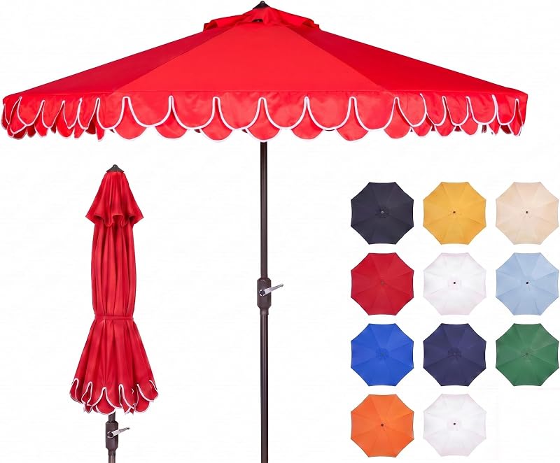 SAFAVIEH Outdoor - Valance 9-Foot Crank Patio Umbrella - Red & White Canopy - Brown Aluminum Pole - Decorative Petal Valance Trim - Ideal for Patio, Deck, Poolside, Backyard (PAT8006D)