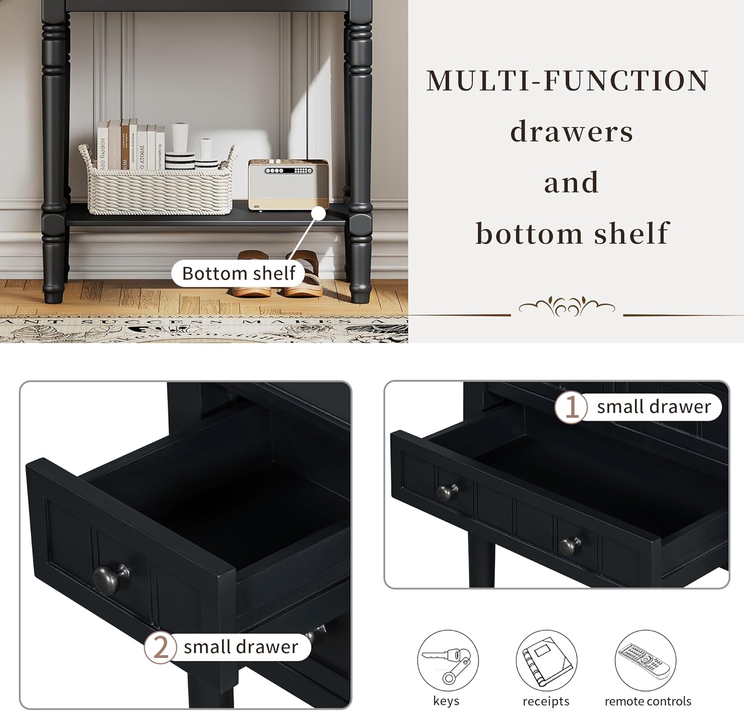 Ball & Cast 23.7" Classic Console Table with 3 Storage Drawers and Bottom Shelf,Wooden Sofa Table Behind The Couch,Entryway Table with Tapered Legs for Entrance, Hallway, Living Room,Black