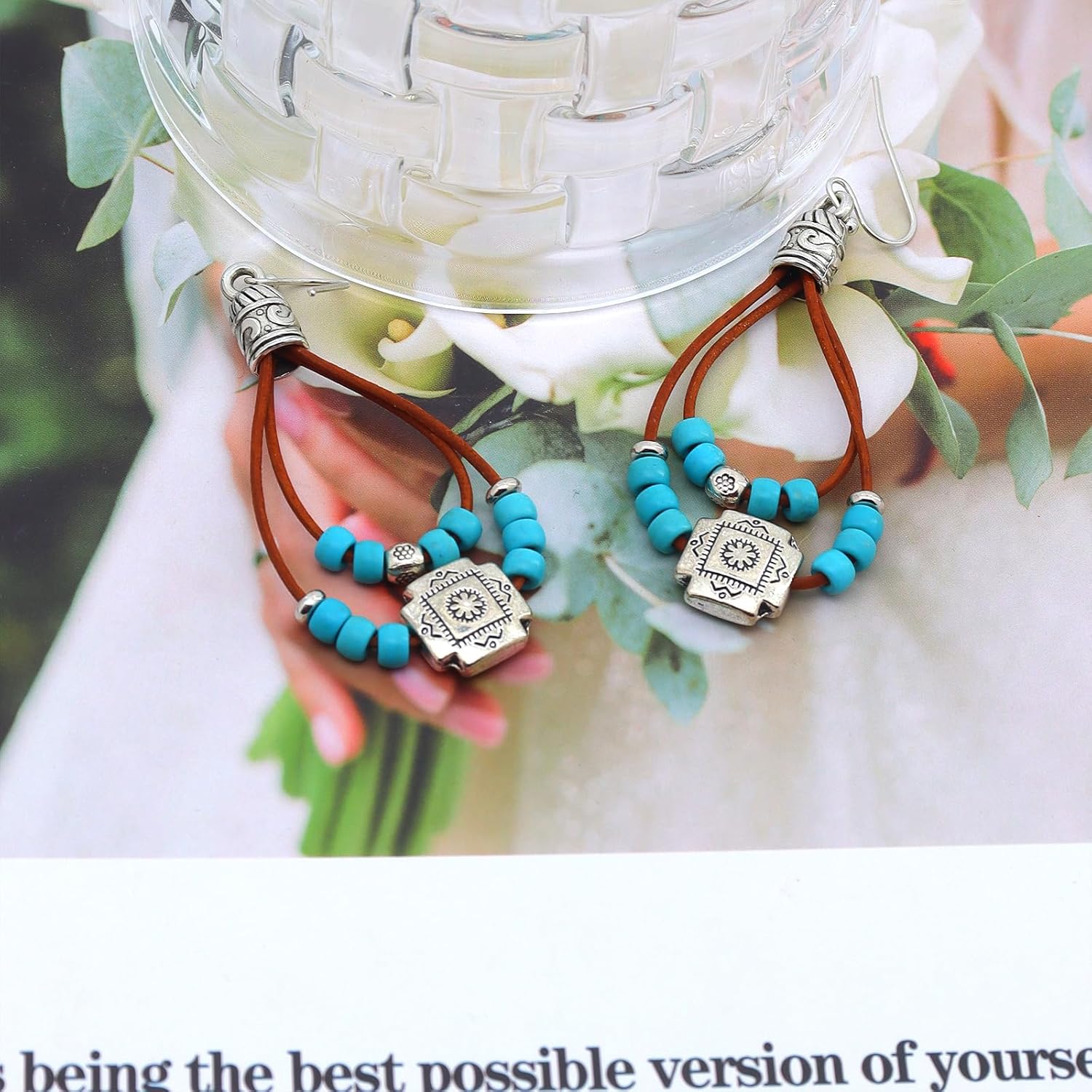 Boho Western Earrings,Vintage Turquoise Flower Leather Braid Dangle Drop Earrings for Women,Bohemian Country Concert Jewelry Accessories - Image 5