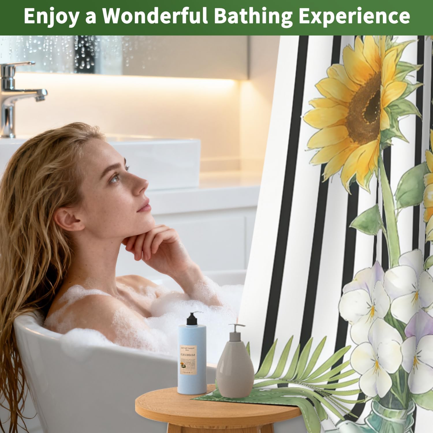 No Hook Floral Shower Curtain with Liner, Sunflowers Black Stripes Bathroom Shower Curtain and Snap in Liner Set, Summer Bath Decor Waterproof Shower Curtains with Mesh Top Window and Weighted Hem