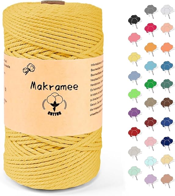 3 mm x 200 m przędza makramowa, przędza bawełniana, sznurek do makramy do majsterkowania, do wieszania roślin, tartrazyna