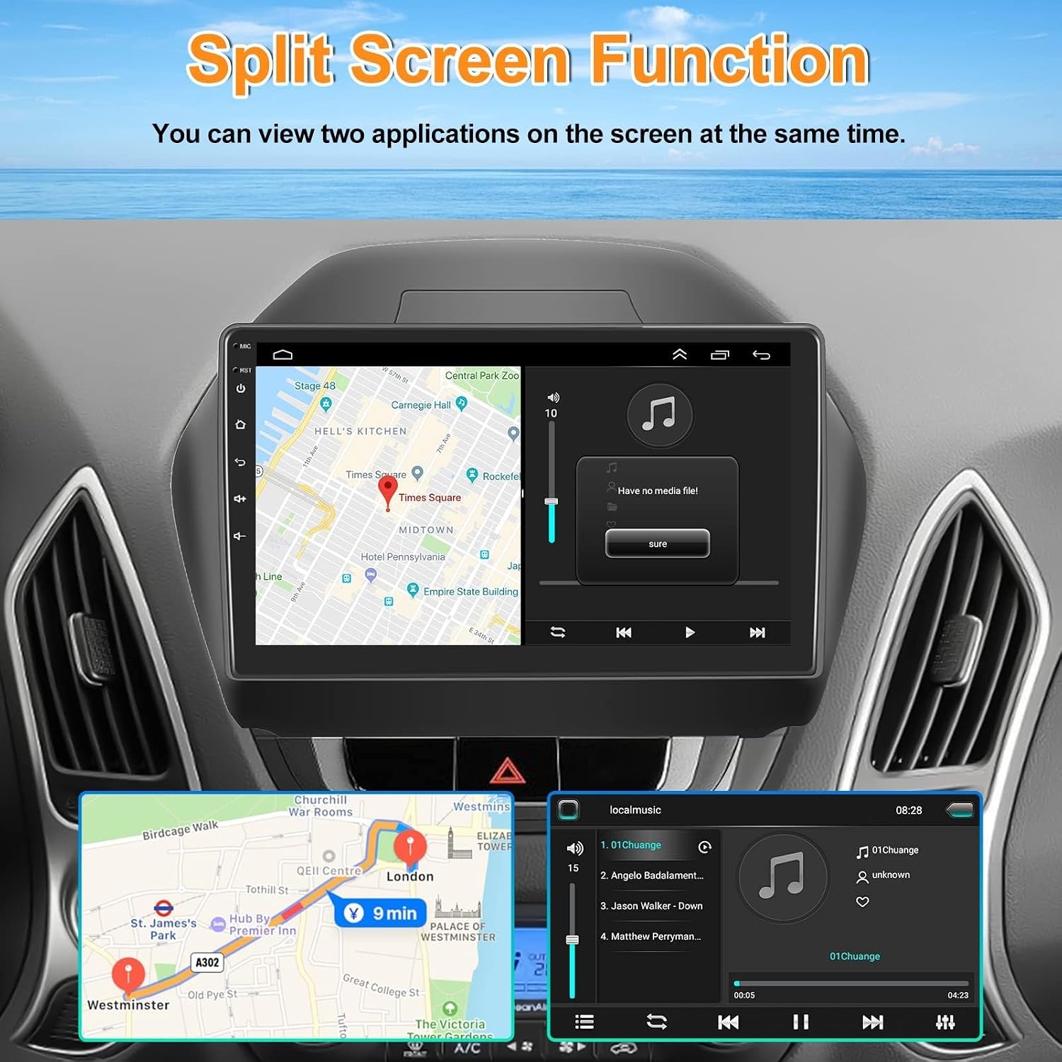 Image showing the car stereo display in split screen mode, with a navigation map on one side and a music player on the other. Below, multiple application windows are shown, illustrating the multitasking capability.