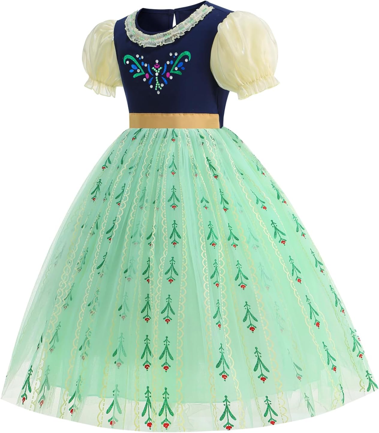 Princess Costume Snow Party Set, Green Halloween Dress Puff Sleeves, Tiara Wand Gloves Braid Bag Bowknot Girl Kid - Image 2