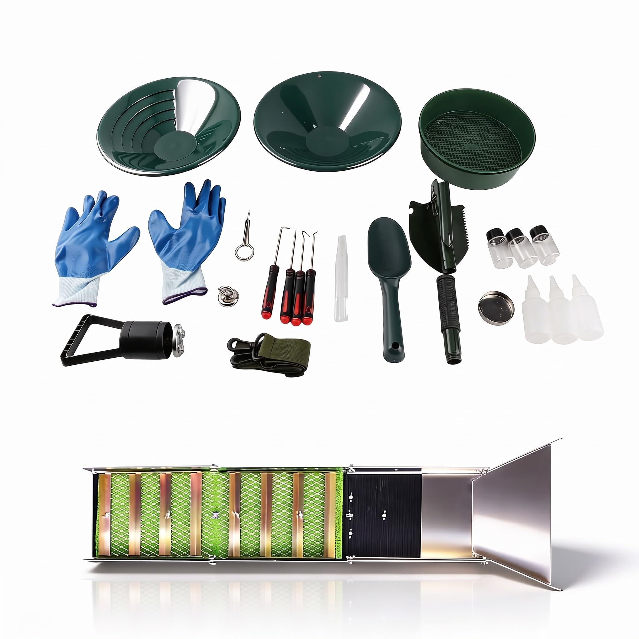 Bewinner Kit di Scatola Sluice Pieghevole 50 Pollici/127 Cm Professionale, Attrezzatura di Prospettiva in Lega di Alluminio Leggera per Fiume, Torrente, Dragaggio con Zaino, Accessori