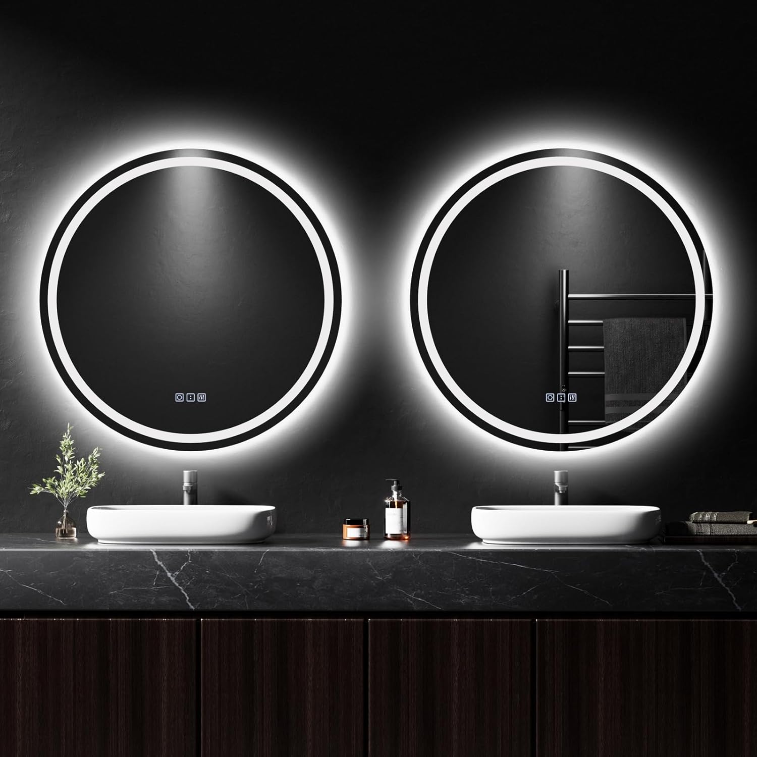 QAOYEDE Round LED Bathroom Mirror 25 Inch, Bathroom Vanity Mirror with Lights Backlit/Front, 3 Color Dimmable Brightness Anti-Fog Memory Function, Suitable for Smaller Bathrooms, UL Recognized